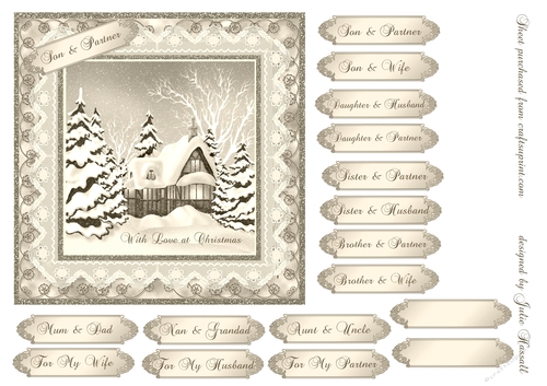 Christmas card with cosy winter cottage and large choice of sentiments