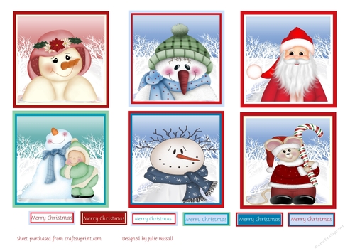 Set of 6 Christmas toppers with winter themes and choice of sentiments