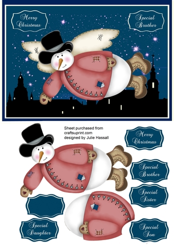 Christmas card with flying snowman, decoupage & family sentiments