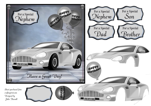 Birthday card with sports car decoupage , balloons and choice of family sentiments