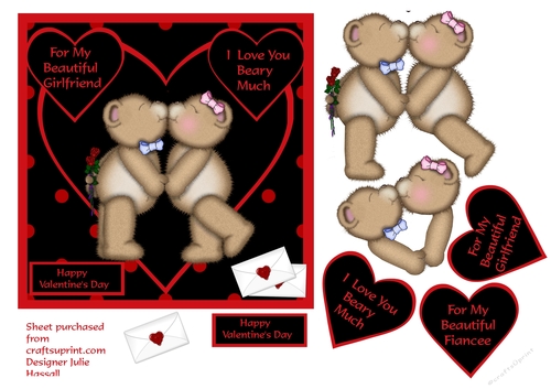 Valentines day card with kissing teddy bears and decoupage