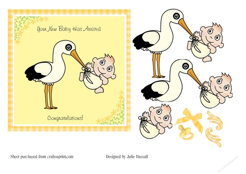 New Baby card with stork and decoupage