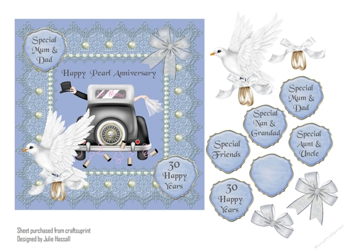 Pearl wedding anniversary card with 3D dove and bow. Choice of sentiments