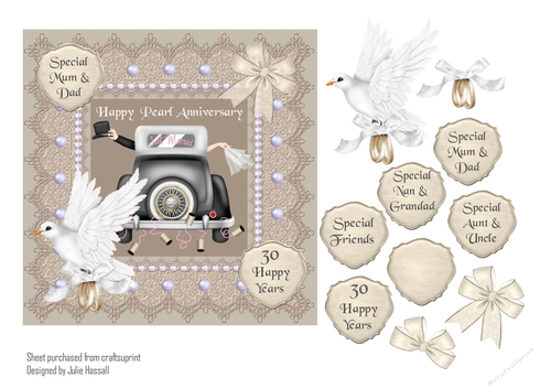 Pearl Anniversary card with wedding car & 3D dove and bow