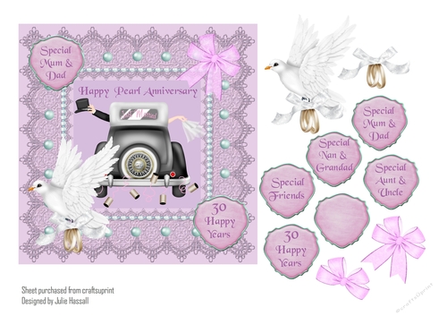 Pearl Anniversary card with wedding car & 3D dove and bow