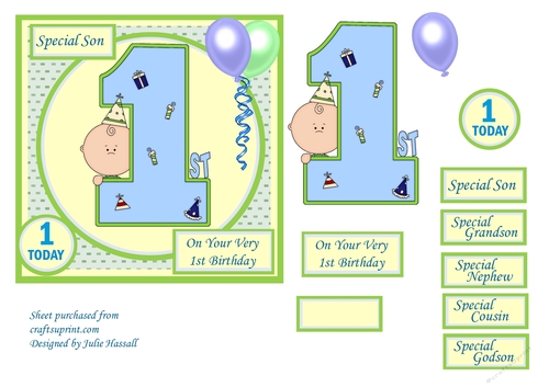1st Birthday card with large numeral, little boy and balloons