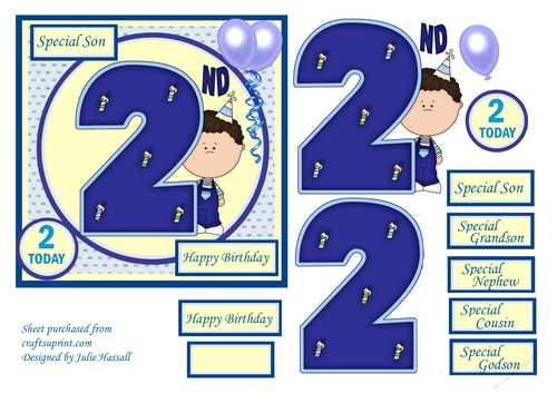 2nd Birthday card with large numeral, little boy and balloons