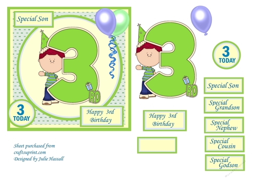 3rd Birthday card with large numeral, little boy and balloons