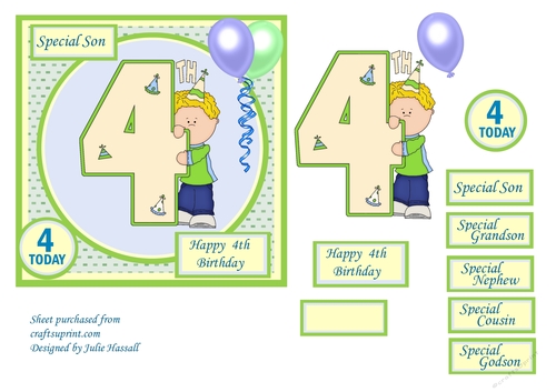 4th  Birthday card with large numeral, little boy and balloons