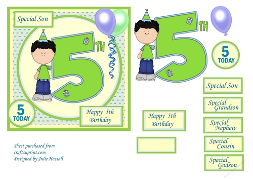 5th  Birthday card with large numeral, little boy and balloons