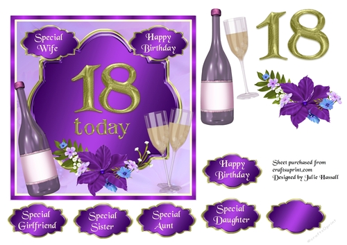 18th Birthday card toppers with wine, glasses and flowers