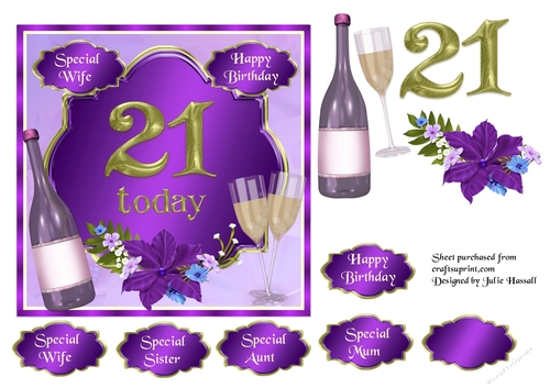 21st Birthday card toppers with wine, glasses and flowers