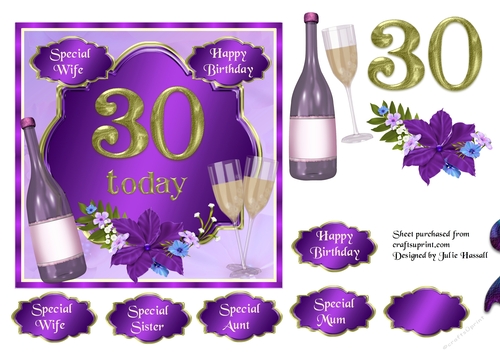30th Birthday card topper with wine, glasses and flowers
