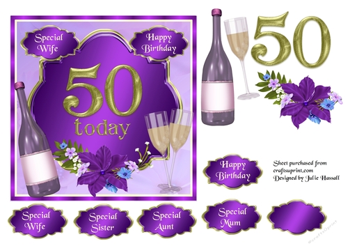 50th Birthday card topper with wine, glasses and flowers