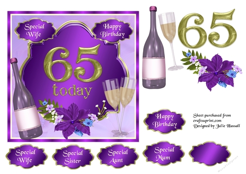 65th Birthday card topper with wine, glasses and flowers