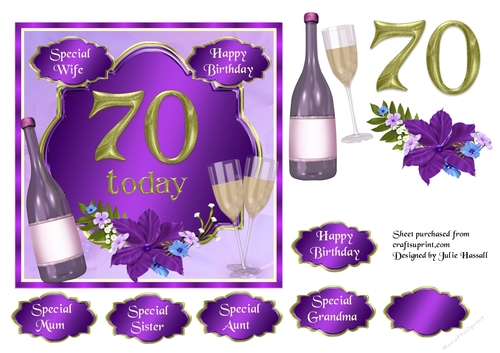70th Birthday card topper with wine, glasses and flowers