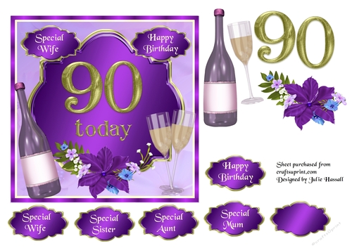 90th Birthday card topper with wine, glasses and flowers