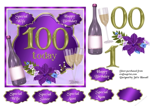 100th Birthday card topper with wine, glasses and flowers