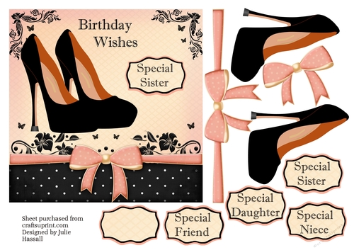 Birthday card with high heeled shoes and spotty bow