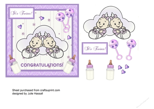 Twins congratulations card with rattles and feeding bottles