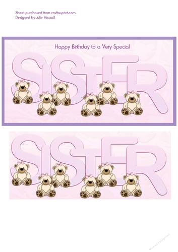 Card topper for Sister with large 3D SISTER lettering and teddy bears