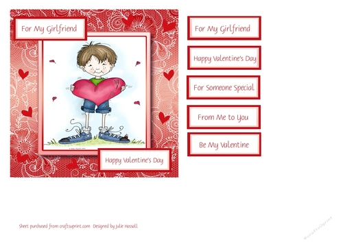 Valentines day card topper with cute boy holding a heart