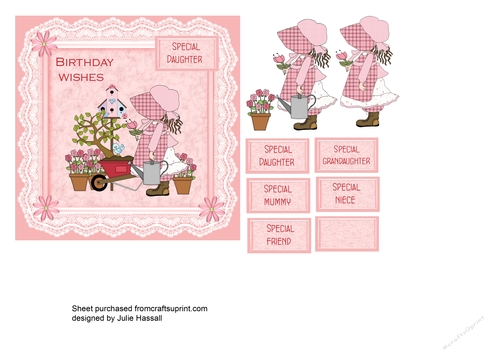 Prairie Girl birthday card with decoupage and family tags