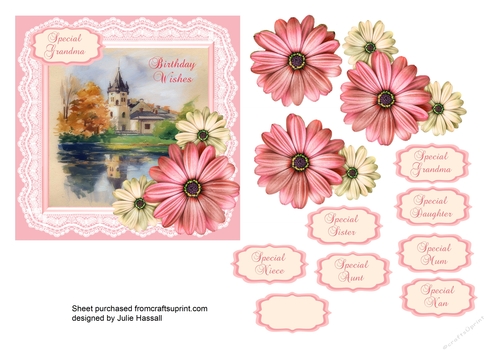 Watercolour scene birthday card with decoupage flowers & family tags