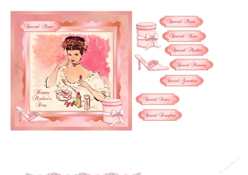 Mothers Day card with vintage lady & choice of family tags