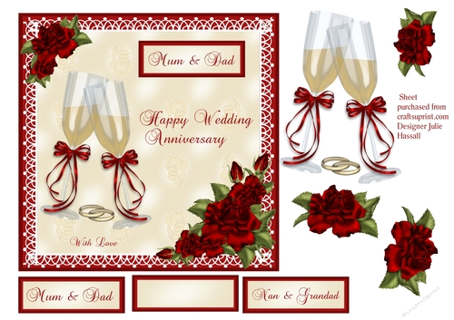 Wedding anniversary card with champagne & red roses