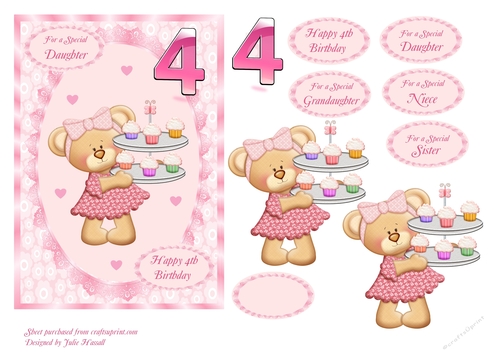 4th Birthday card with teddy carrying cupcakes & choice of family sentiments