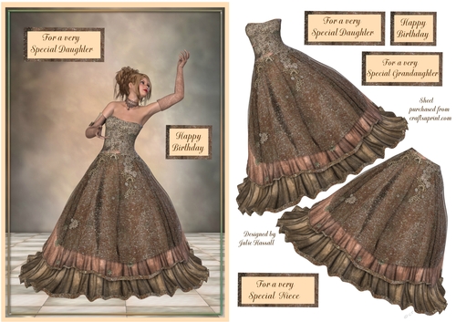 Birthday card with elegant young lady in evening dress