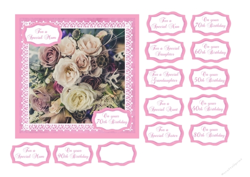 Birthday card with roses print & sentiments for milestone birthdays