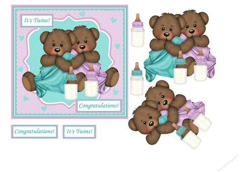 Congratulations card for baby twins with baby bears and bottles