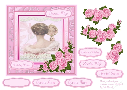 Birthday card with vintage lady and pink roses decoupage