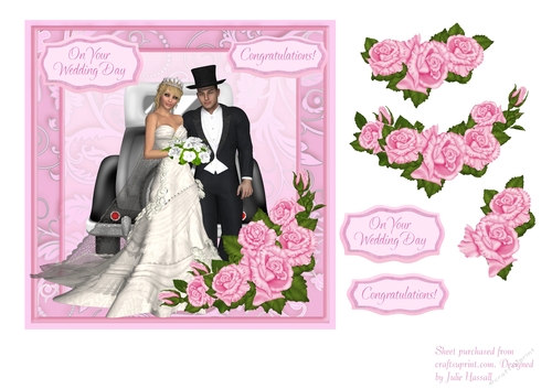 Wedding day card with bride & groom & decoupage pink roses