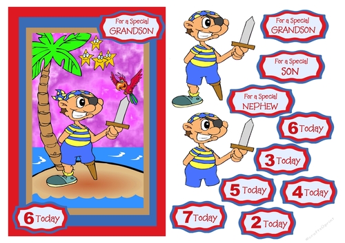 Pirate birthday card with decoupage and age tags