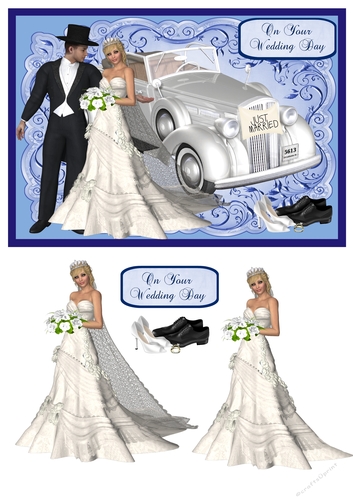 Wedding day card with 3D bride and vintage car