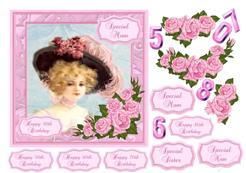 Vintage lady birthday card with decoupage pink roses, choice of recipients and ages
