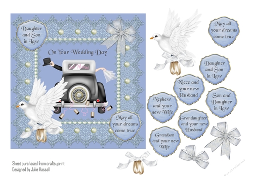 Lace and Pearl Wedding Day card with dove, bow & wedding car