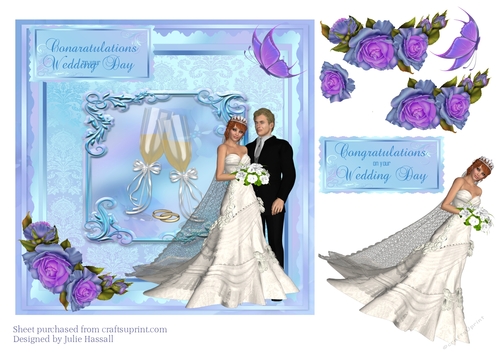 Wedding Day card with decoupage roses, bride & groom, champagne flutes & butterfly