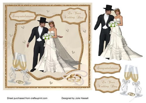 Wedding day card topper with pearls, rings and champagne