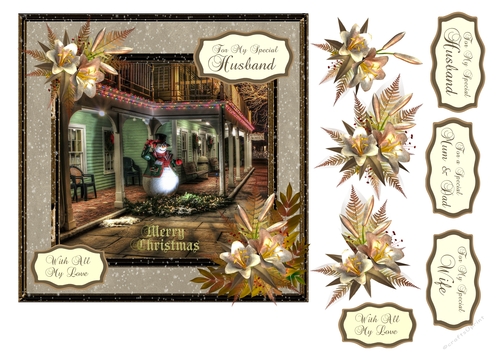 Christmas card with snowman evening scene and decoupage