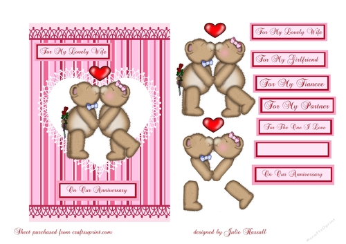 Anniversary card with kissing teddy bears decoupage