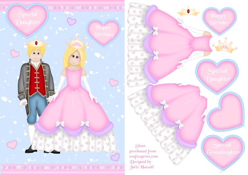 Cinderella & Prince Charming Birthday card with family tags & decoupage