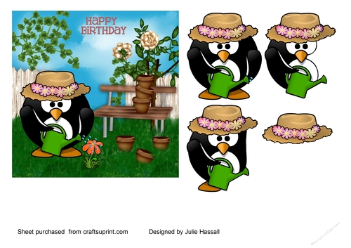 Penguin Gardener birthday card with decoupage