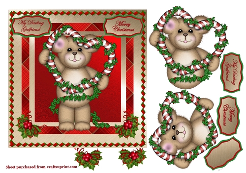 Christmas Bear holding heart with decoupage for My Darling Girlfriend
