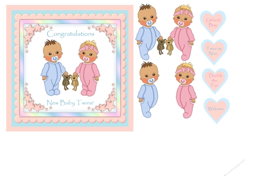 Twin Baby Boy & Girl Congratulations Card with decoupage