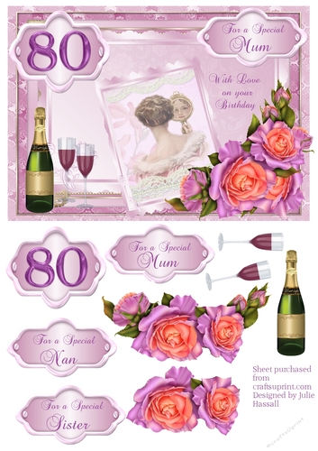 80th Birthday card with decoupage roses & vintage lady