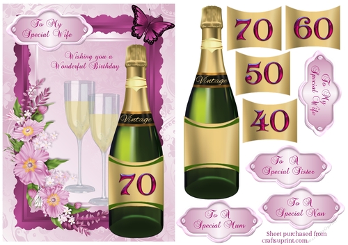 Milestone Birthday card kit with champagne, glasses & 3D flowers. Ages 40,50,60,70